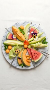 Fresh melon and watermelon slices on circular platter.
