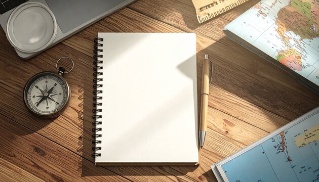 Blank spiral notebook on wooden desk with travel maps and vintage compass for adventure planning and journey exploration concept