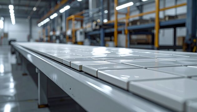 White ceramic tiles moving along a modern industrial conveyor belt in a manufacturing factory