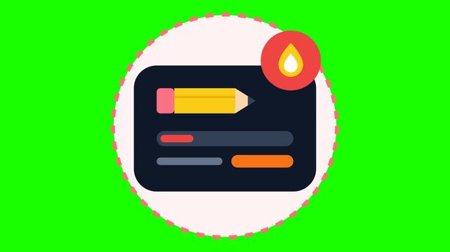 Pencil Icon on Digital Card with Hot Flame Badge on Green Screen Background