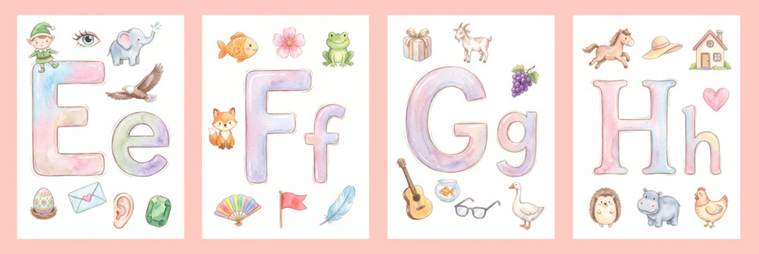 Watercolor alphabet letters E F G H with cute animals and objects for kids