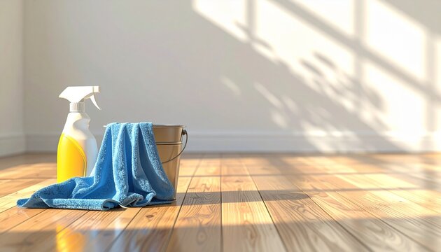Cleaning spray bottle, blue cloth and bucket on a shiny wooden floor in a sunlit empty room