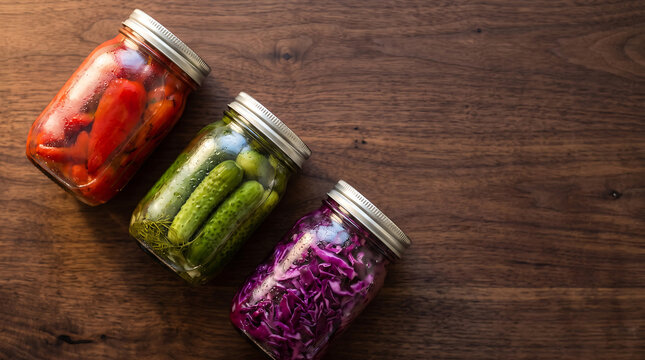 Three glass jars filled with colorful pickled vegetables including red peppers, green cucumbers, and purple cabbage arranged on a wooden surface