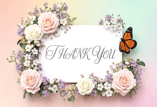 Beautiful thank you card surrounded by elegant flowers and a butterfly in pastel colors