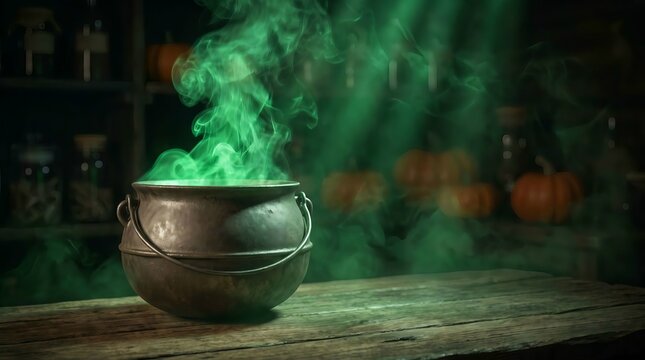 cauldron with green smoke on wooden table in dark room