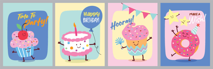 Obraz premium Birthday Anniversary with Funny Character and Birthday Invitation Card Template for banner, poster, vector illustration.