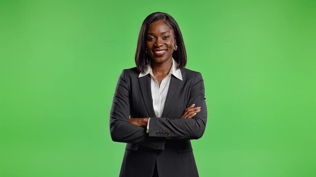 Professional African American Businesswoman Standing With Arms Crossed Over A Green Screen Background