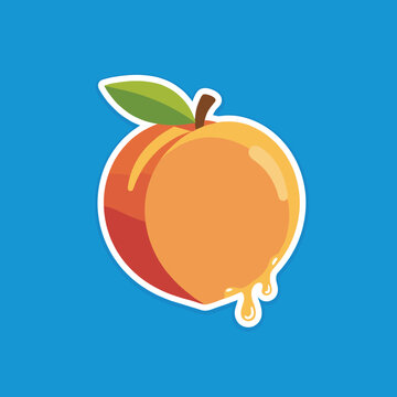 Juicy sweet peach fruit sticker with single green leaf and yellow honey drop isolated on bright blue gradient background.