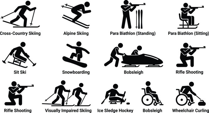 Vector icon set of winter sports and para sports pictograms including skiing snowboarding bobsleigh and curling