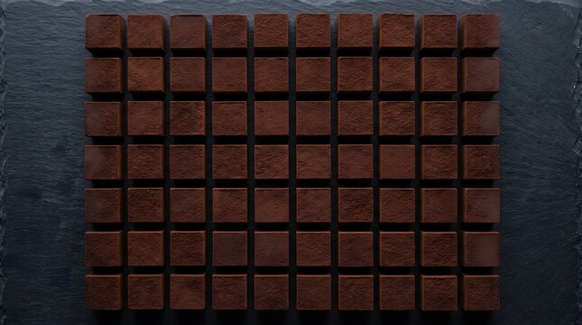 Chocolate photography of dark cocoa dusted truffles in a grid pattern
