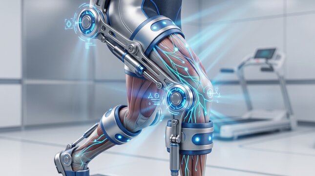 Futuristic robotic exoskeleton for leg rehabilitation, bionic prosthetic suit with glowing blue energy, advanced medical technology for mobility