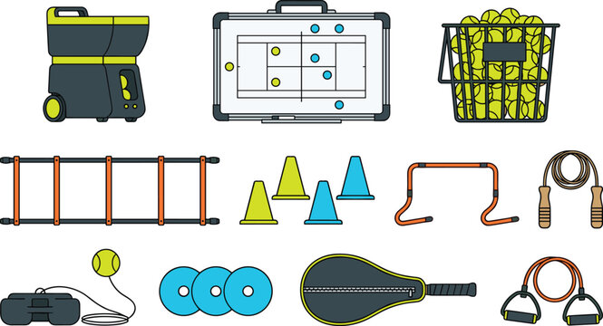 Professional Tennis Training Equipment Collection with Ball Machine Coaching Board Agility Ladder Resistance Gear and Practice Accessories Vector Illustration