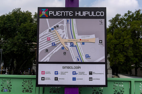 Public Transit Map: Wayfinding Information Board at Puente Huipulco Near Estadio Azteca in Mexico City (CDMX)