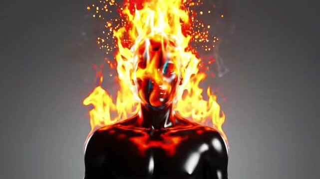 Flaming Human Figure with Burning Head in Dark Cinematic Scene, Fantasy Flaming Character with Dynamic Fire Animation