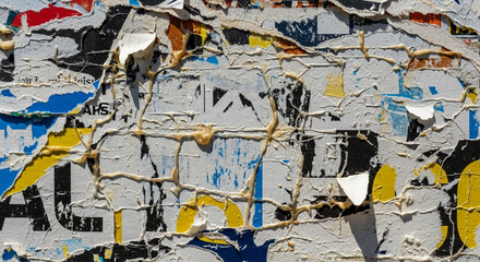 Naklejka premium Peeling posters, distressed wall texture, abstract background, grunge, urban decay, colorful layers