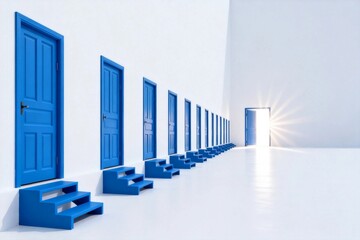 Fototapeta premium Blue Doors in White Hallway Leading to Light