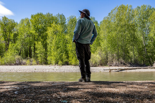 Rear view of man standing near river in forest