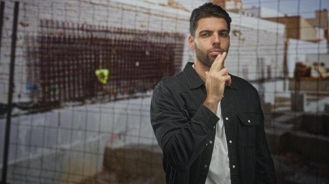Man presses finger to lips in shushing gesture at a building construction site, beard visible and jacket on; silence introspection.