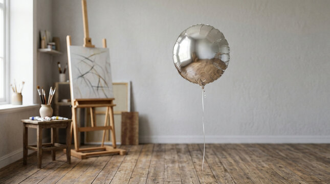 Silver Balloon Floating in Artist's Studio with Easel and Paintings