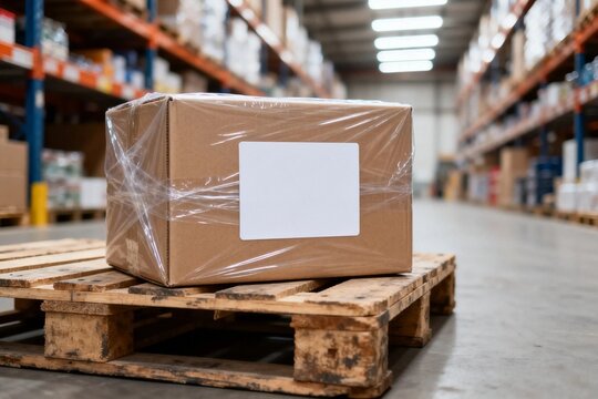 Cardboard box on pallet in warehouse