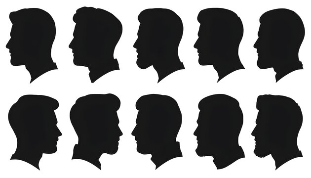 Collection of eight black silhouettes showing various men head profiles with different beard styles, haircuts, and facial hair types, isolated on a white background, set vector