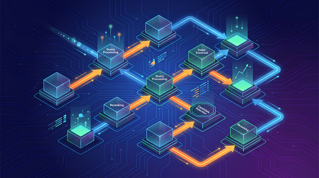 Isometric vector database query processing and reranking data flow diagram