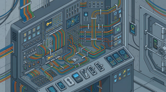 Isometric Vector Illustration of a Sci-Fi Tech Control Panel with Colorful Cables and Vault Door