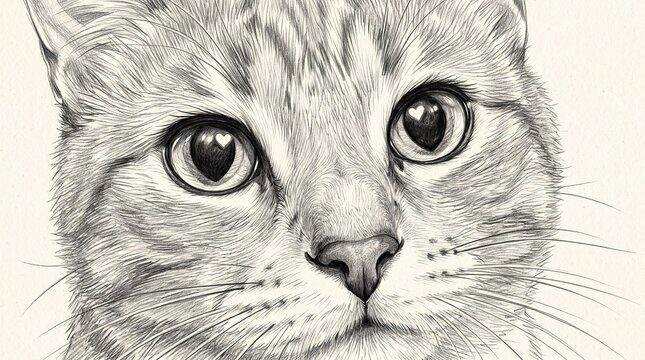 Detailed Pencil Sketch Close Up Portrait of Cute Cat Face with Heart Reflection in Eyes
