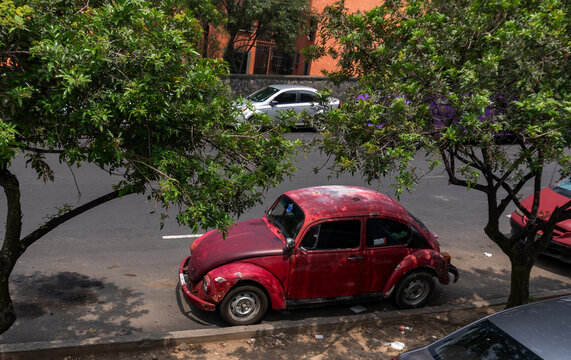 Classic Charm: Elevated View of a Vintage Red Volkswagen Beetle Parked Under Leafy Trees in Mexico City (CDMX)