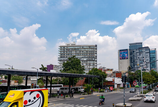 Urban Life: Bustling Street Scene and Architecture in Downtown Mexico City (CDMX)