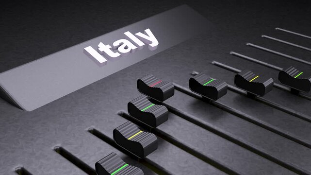 Italy text on professional audio mixer, conceptual slider control for Italian economy and tourism, black studio mixing console with faders