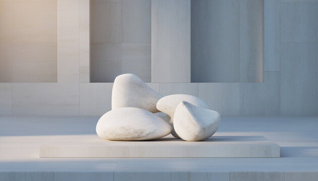 White smooth stones display on neutral background ナチュラルで洗練された白い滑らかなストーンのディスプレイ台座