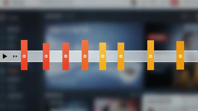 Closeup of a video player timeline showing multiple ad insertion points including preroll and midroll for ondemand content background screens subtly blurred.