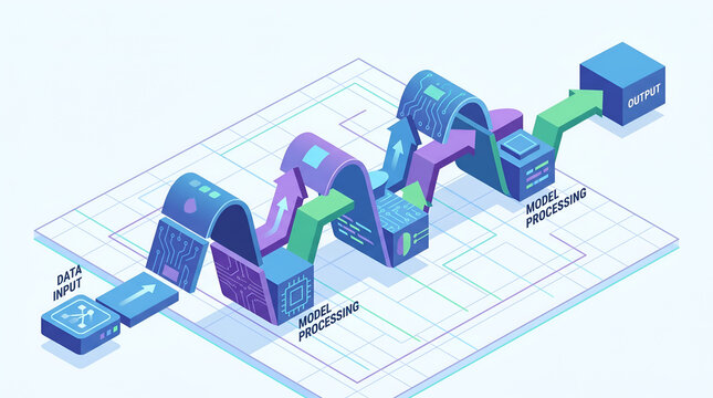 Isometric Data Pipeline and AI Model Processing Workflow Infographic