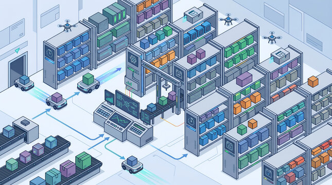 Smart Warehouse Logistics with Automated Robots Drones and Conveyor Belts Isometric Illustration