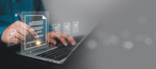 Naklejka na ściany i meble Digital document management and electronic documentation concept on a laptop, featuring online file organization, document workflow, paperless office, secure records, business productivity, digital