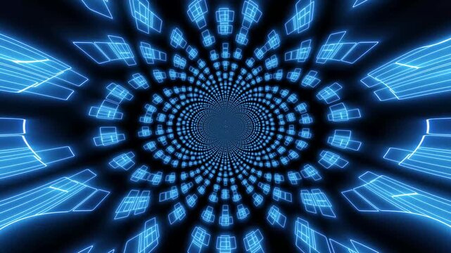 Blue neon geometric tunnel abstract background, futuristic cyberpunk digital motion infinite warp speed technology loop