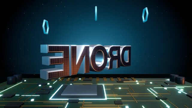 DRONE Technology Concept, Hovering Rotors, 3D Metallic Text on Glowing Circuit Board Motherboard, Seamless Loop