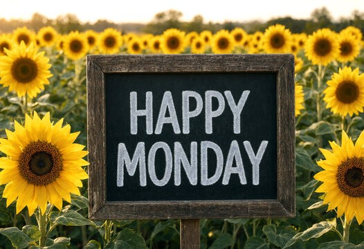 Bright sunflower field with a happy monday chalkboard sign in the middle of nature