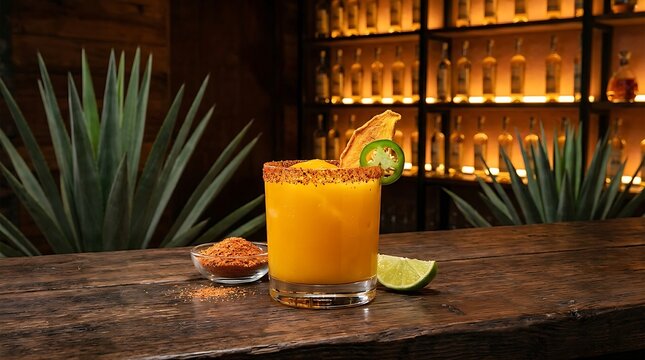 Spicy Mango Mezcal Margarita: A thick mango mezcal margarita in a lowball glass with a tajin spiced rim, garnished with a dehydrated mango slice and fresh jalape&ntilde;o ring, sitting on a rough-hewn wooden