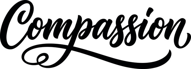 Elegant black ink calligraphy typography design featuring the word compassion written in a stylish flowing cursive script font style © Ammbia