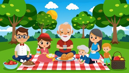 Fototapeta premium A bright and colorful cartoon illustration featuring a multi-generational family enjoying a relaxing picnic in a park. They are sitting and lying down on a red and white checkered picnic blanket. The 