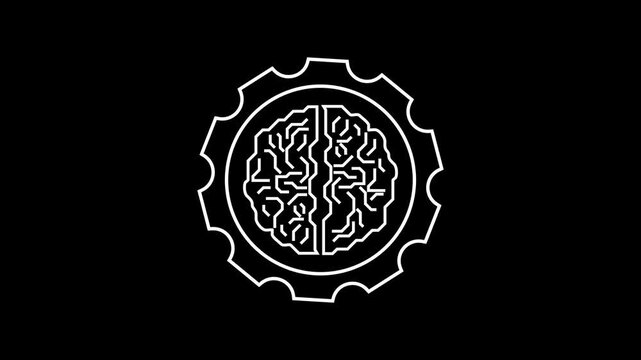 A sleek brain inside gear graphic glows with white light. Intelligence connects within the brain inside gear design. Tech visuals highlight the brain inside gear.