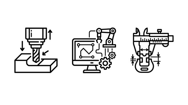 Precision machining and quality control industrial icons with measurement tools mechanical engineering machining manufacturing industrial engineering precision measurement automation hardware