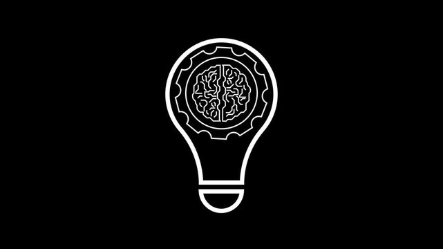 A glowing lightbulb outline holds an internal brain gear system. Ideas ignite inside the lightbulb outline clearly. Smart innovation defines this lightbulb outline.