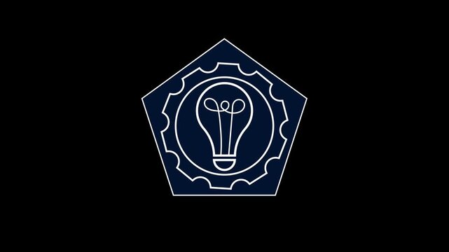 A glowing light bulb graphic rests inside a pentagonal frame. Ideas originate from this light bulb symbol visually. Clean lines define the light bulb illustration.