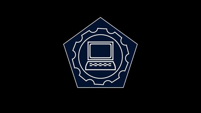 A glowing computer outline sits inside a pentagonal border. Digital technology highlights the computer outline frame. Clean neon shapes the computer outline design.