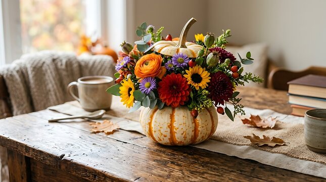 Beautiful autumn floral arrangement inside a decorative pumpkin on wooden table