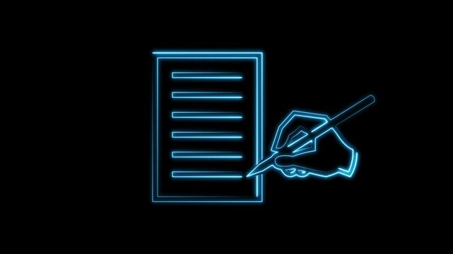 A glowing hand writing outline moves smoothly across paper. Documentation occurs as the hand writing continues. Bright blue highlights the hand writing graphic.