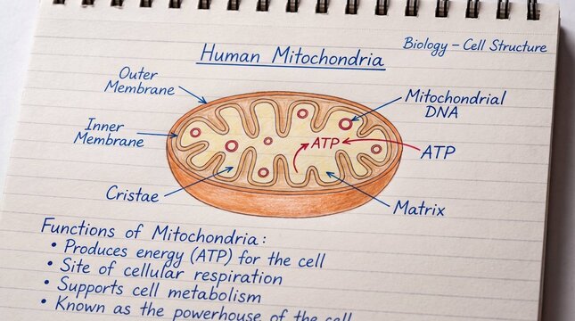 Hand drawn biology diagram of human mitochondria labeled with cell functions